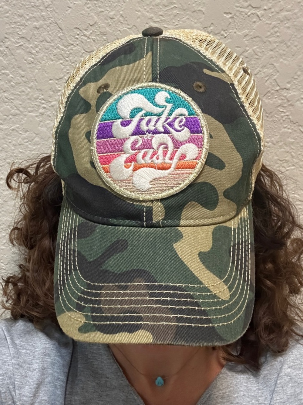 Judith March Camo Trucker Hat with rainbow Patch
